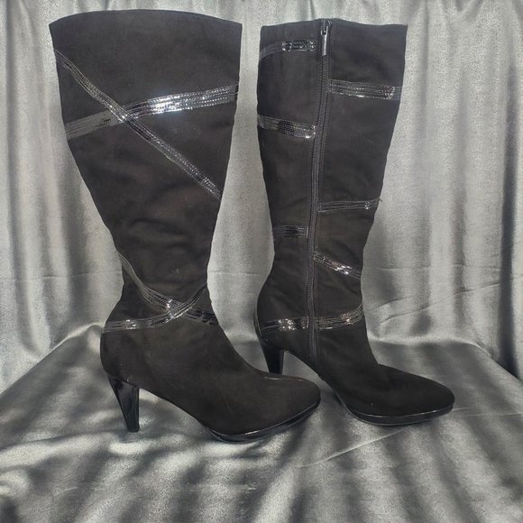 Impo Side Zip-up Mid-calf/Knee-hi Heels black Boots Santana Faux Suede Size 8.5M - Picture 2 of 15